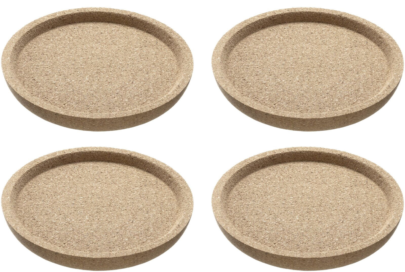 Vier runde Korkuntersetzer in Draufsicht, schlichtes Design, natürliche Farbe.