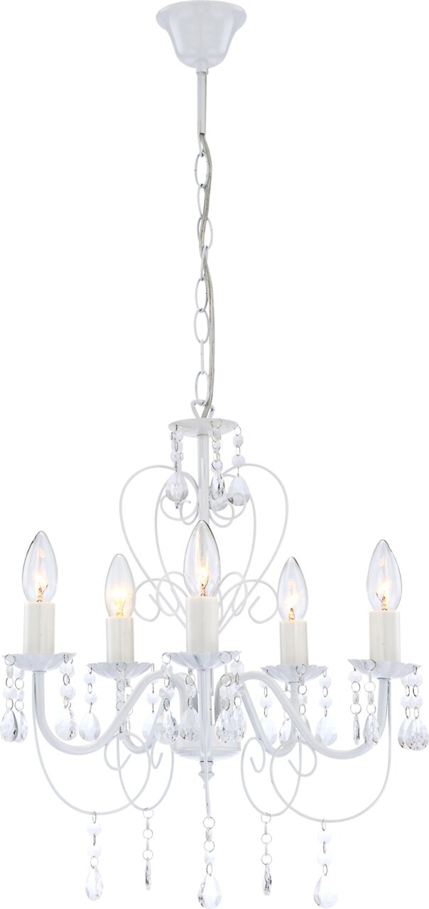 Weißer Kronleuchter mit fünf Kerzenlampen und Kristallanhängern, seitliche Perspektive