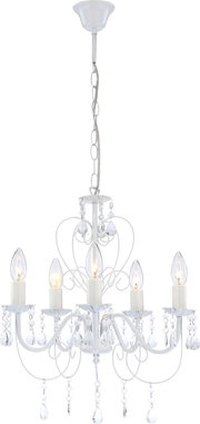 Weißer Kronleuchter mit fünf Kerzenlampen und Kristallanhängern, seitliche Perspektive