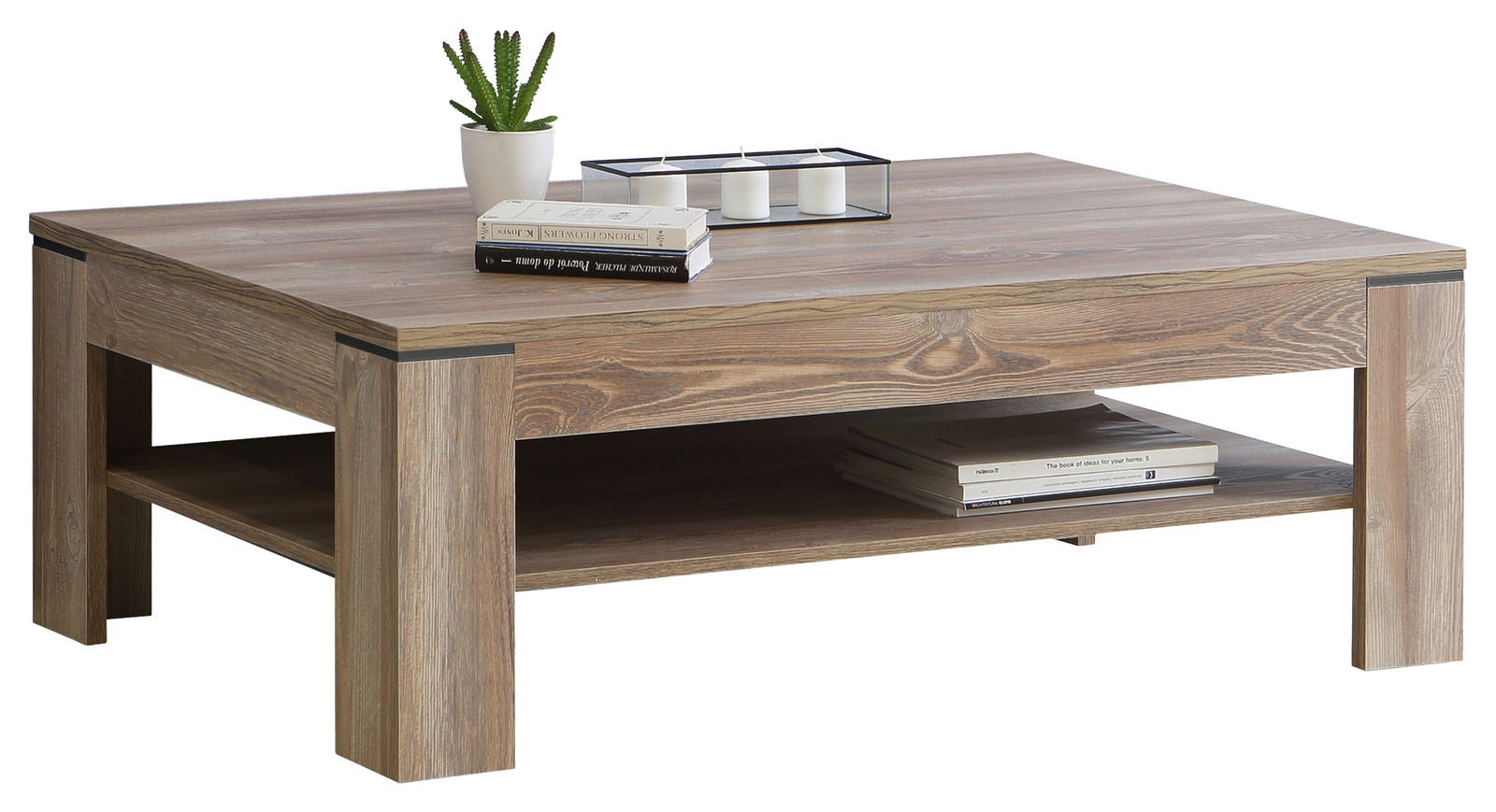 Moderner Couchtisch aus Holz mit rechteckiger Form, dekoriert mit Büchern, Kerzen und einer Pflanze, seitliche Perspektive.