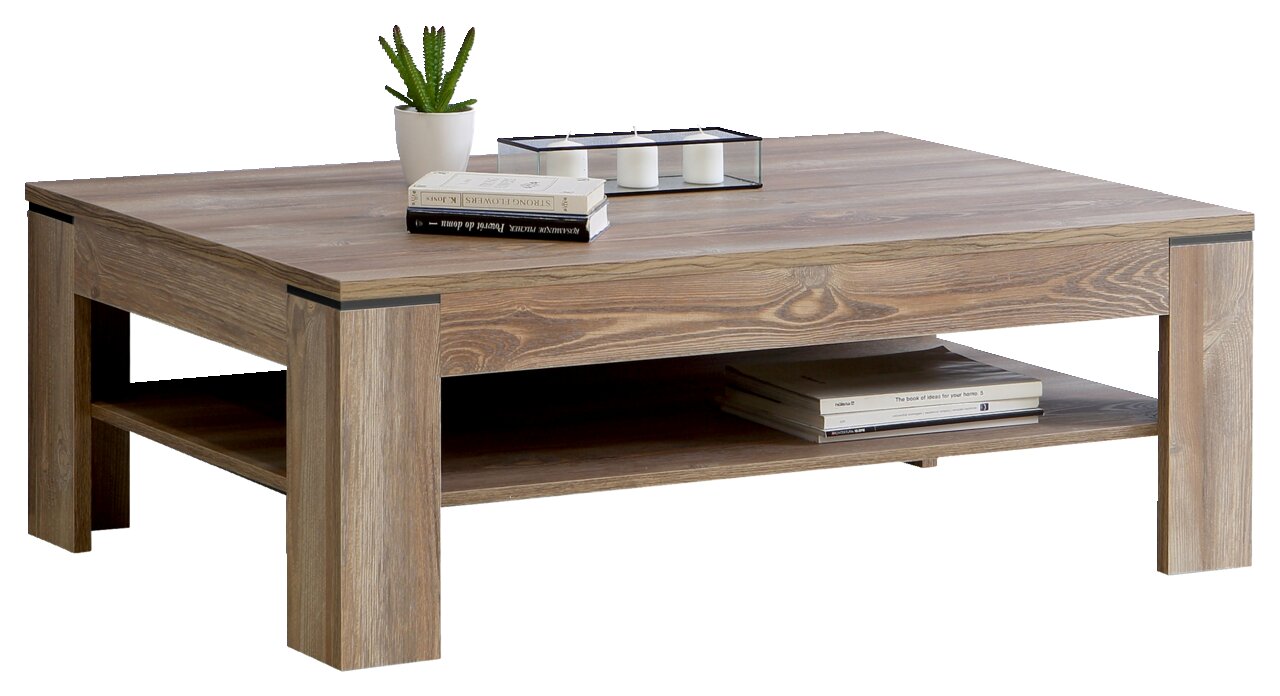 Moderner Couchtisch aus Holz mit rechteckiger Form, dekoriert mit Büchern, Kerzen und einer Pflanze, seitliche Perspektive.