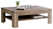 Moderner Couchtisch aus Holz mit rechteckiger Form, dekoriert mit Büchern, Kerzen und einer Pflanze, seitliche Perspektive.