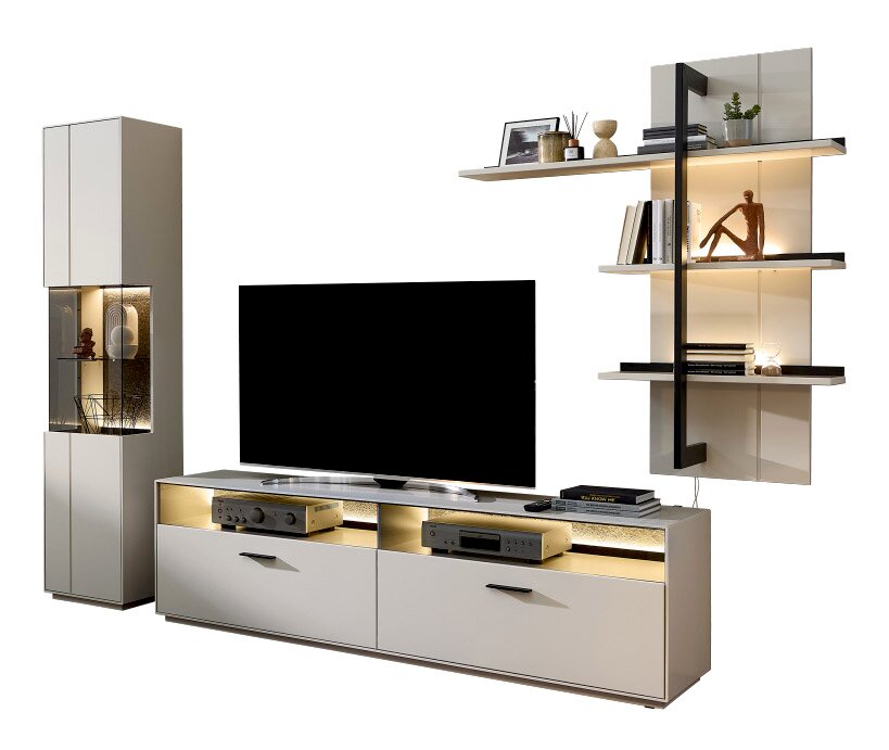 Zurbrüggen Wandkombination COMO Moderne Wandkombination COMO von Zurbrüggen mit TV-Schrank, Vitrine und Wandregalen, frontal betrachtet.