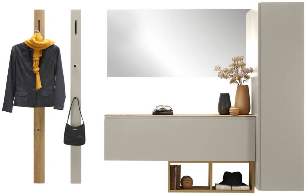 Moderano Garderobeset, 6-delig LECCO PLUS Garderoben-Set 6-tlg. in moderner Perspektive, bestehend aus einem großen Spiegel, einer Kommode mit Dekoration und zwei Garderobenständern mit Kleidung und Tasche.