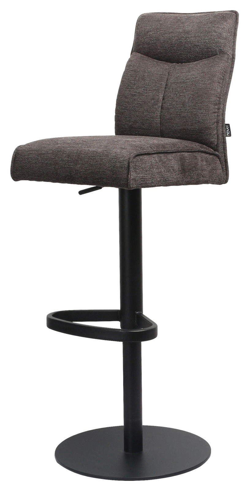 Moderner Barhocker mit gepolstertem Sitz und Rückenlehne in dunklem Stoff, schwarzem Metallgestell und Fußstütze, seitliche Perspektive
