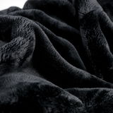 Nahaufnahme einer weichen, schwarzen Wohndecke mit flauschiger Textur.