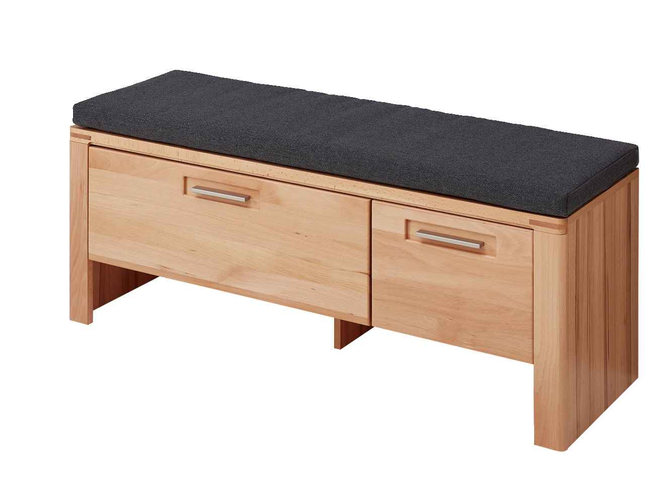 Linea Natura XL-Garderobenbank NATURE ONE XL-Garderobenbank aus Holz mit zwei Schubladen und gepolsterter Sitzfläche, seitliche Perspektive