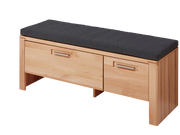 XL-Garderobenbank aus Holz mit zwei Schubladen und gepolsterter Sitzfläche, seitliche Perspektive