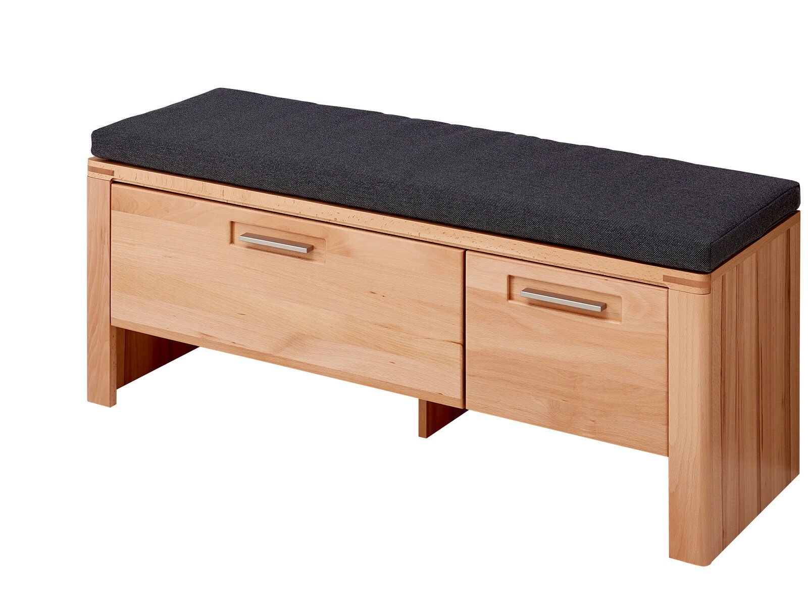 Linea Natura XL-Garderobenbank NATURE ONE XL-Garderobenbank aus Holz mit zwei Schubladen und gepolsterter Sitzfläche, seitliche Perspektive