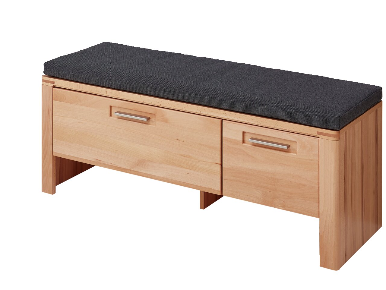 Linea Natura XL-Garderobenbank NATURE ONE XL-Garderobenbank aus Holz mit zwei Schubladen und gepolsterter Sitzfläche, seitliche Perspektive