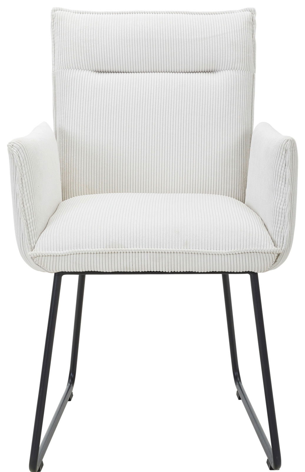 Weißer Armlehnstuhl mit geripptem Stoffbezug und schwarzen Metallbeinen, Frontalansicht