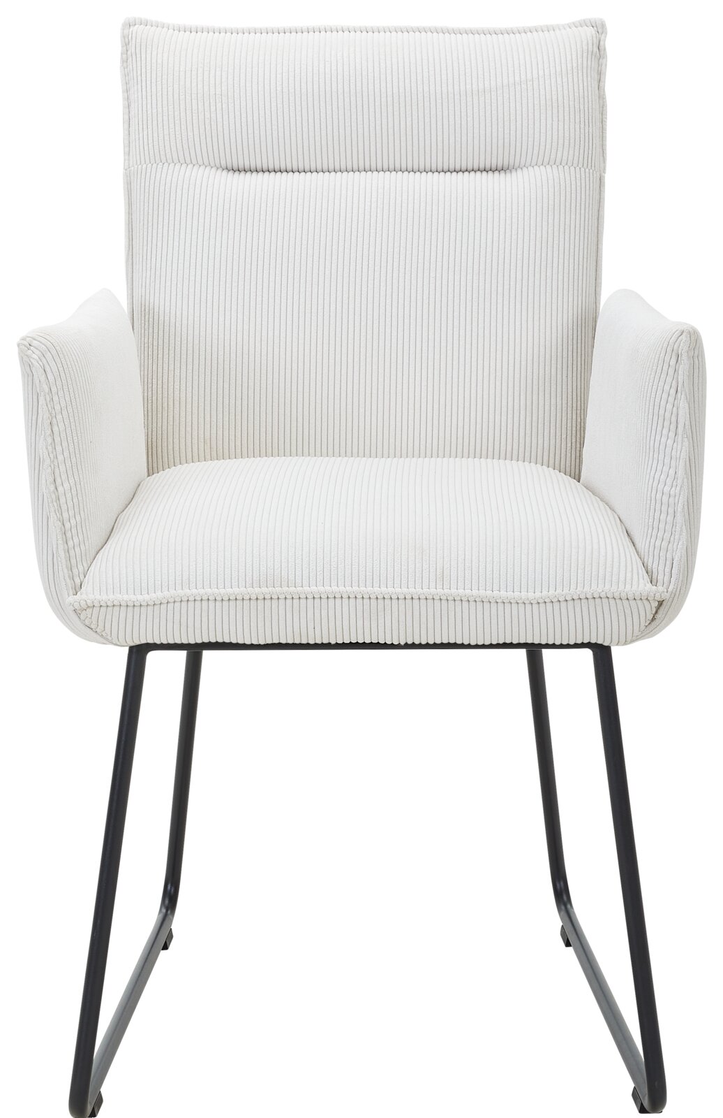 Weißer Armlehnstuhl mit geripptem Stoffbezug und schwarzen Metallbeinen, Frontalansicht