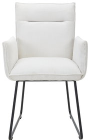 Weißer Armlehnstuhl mit geripptem Stoffbezug und schwarzen Metallbeinen, Frontalansicht