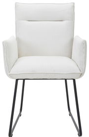 Weißer Armlehnstuhl mit geripptem Stoffbezug und schwarzen Metallbeinen, Frontalansicht