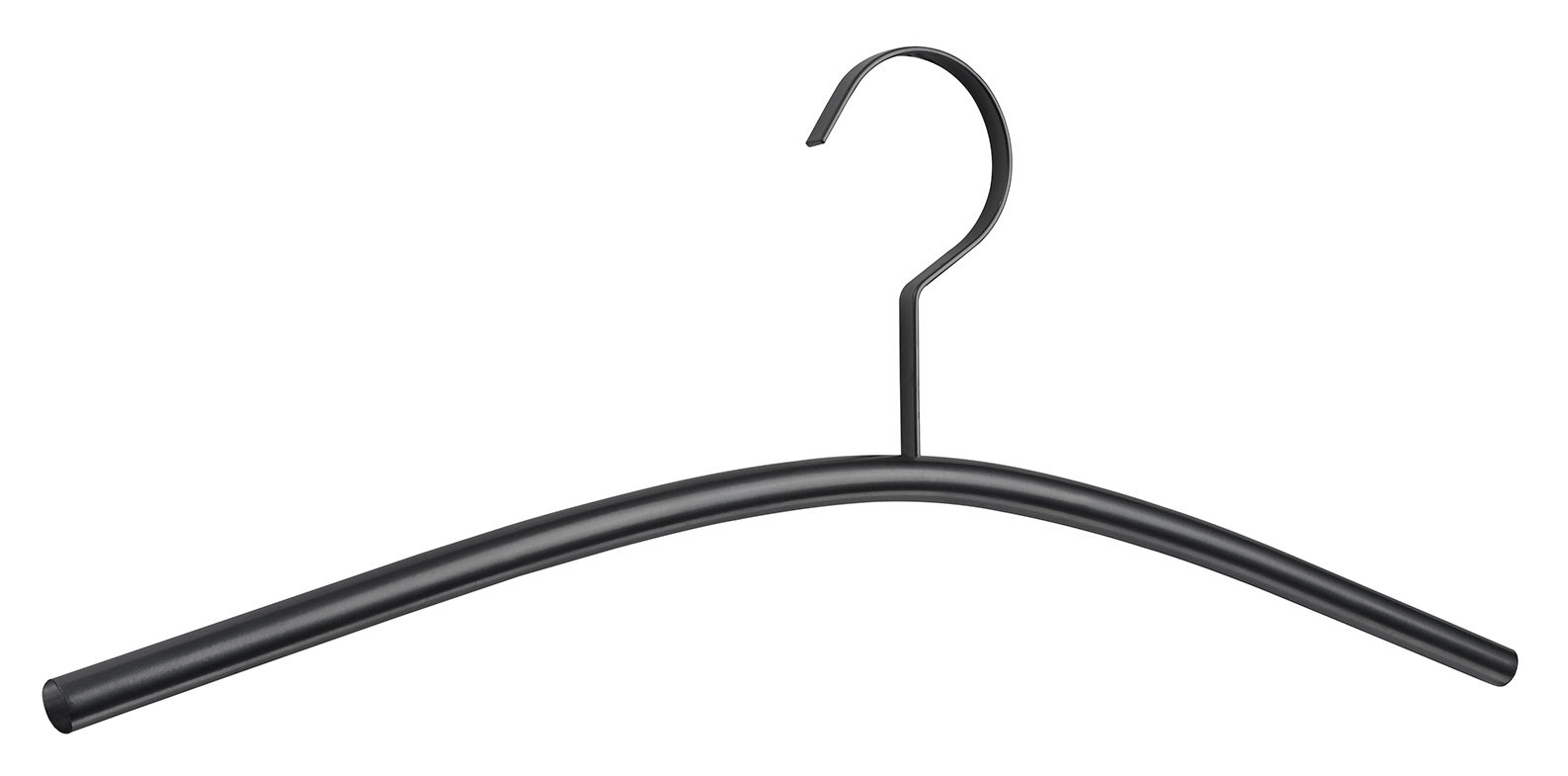 Schwarzer Garderobenbügel aus Metall, frontal abgebildet mit gebogenem Haken.