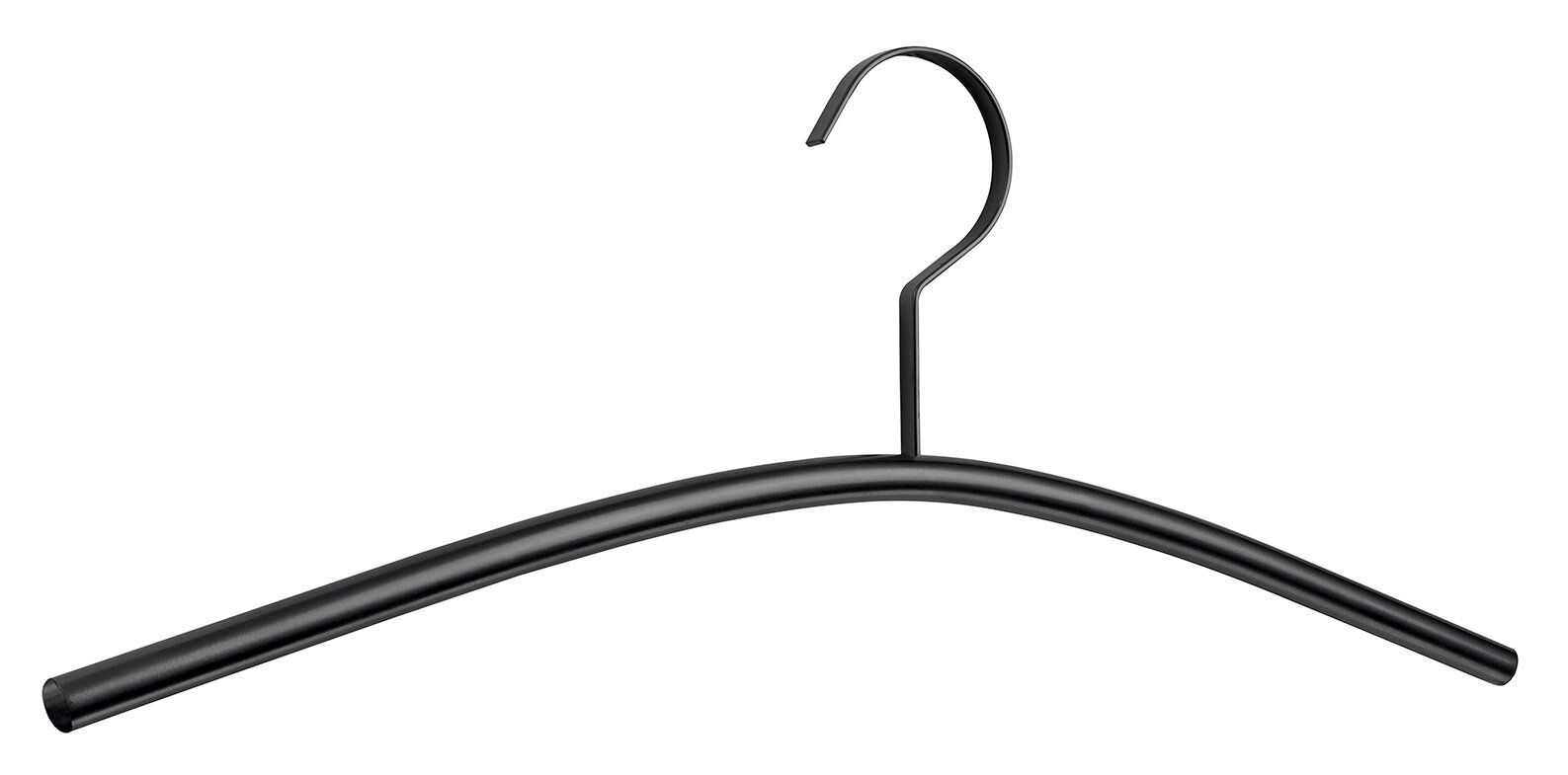 Schwarzer Garderobenbügel aus Metall, frontal abgebildet mit gebogenem Haken.