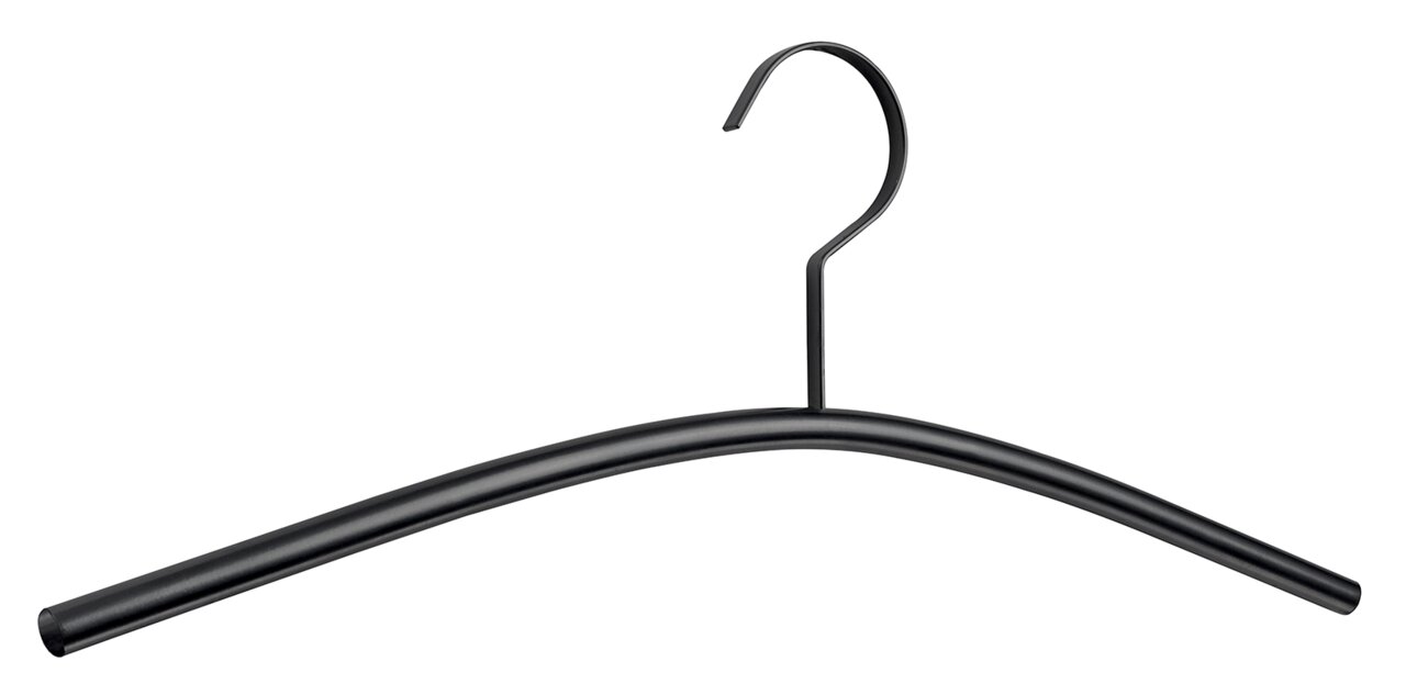 Schwarzer Garderobenbügel aus Metall, frontal abgebildet mit gebogenem Haken.