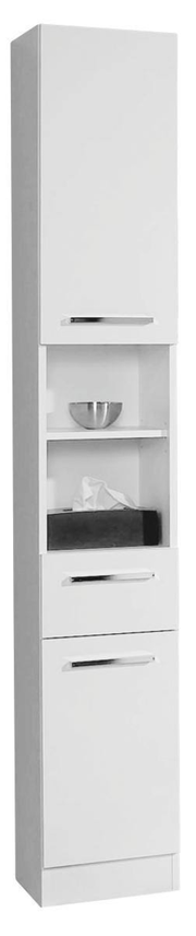 Weißer Hochschrank mit mehreren Fächern und Türen, frontal abgebildet