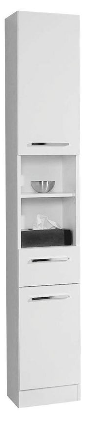 Weißer Hochschrank mit mehreren Fächern und Türen, frontal abgebildet