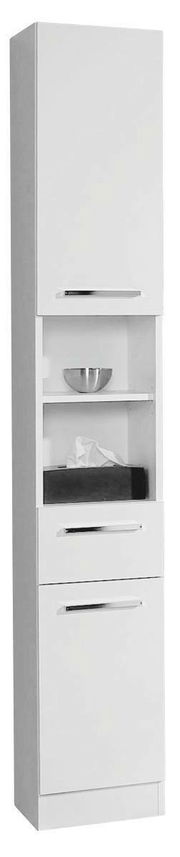 Weißer Hochschrank mit mehreren Fächern und Türen, frontal abgebildet