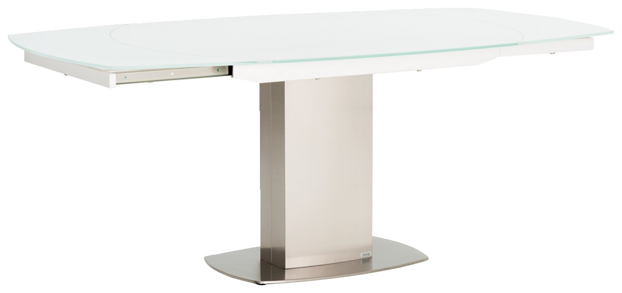 Moderner Esstisch mit Glasplatte und Metallfuß, seitliche Perspektive