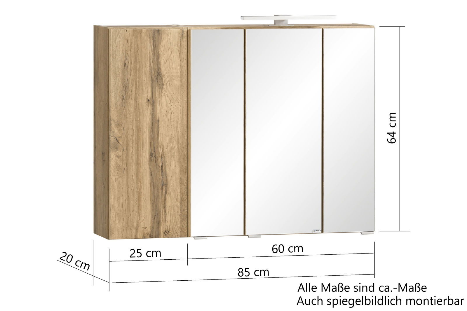 Spiegelschrank mit drei Türen, Holzoptik auf der linken Seite, Maße 85 cm Breite, 64 cm Höhe, 20 cm Tiefe, frontale Ansicht.