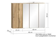 Spiegelschrank mit drei Türen, Holzoptik auf der linken Seite, Maße 85 cm Breite, 64 cm Höhe, 20 cm Tiefe, frontale Ansicht.