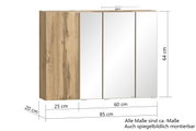 Spiegelschrank mit drei Türen, Holzoptik auf der linken Seite, Maße 85 cm Breite, 64 cm Höhe, 20 cm Tiefe, frontale Ansicht.