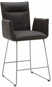 Moderner Tresensessel in dunklem Stoffbezug mit Armlehnen und Metallgestell, seitliche Perspektive