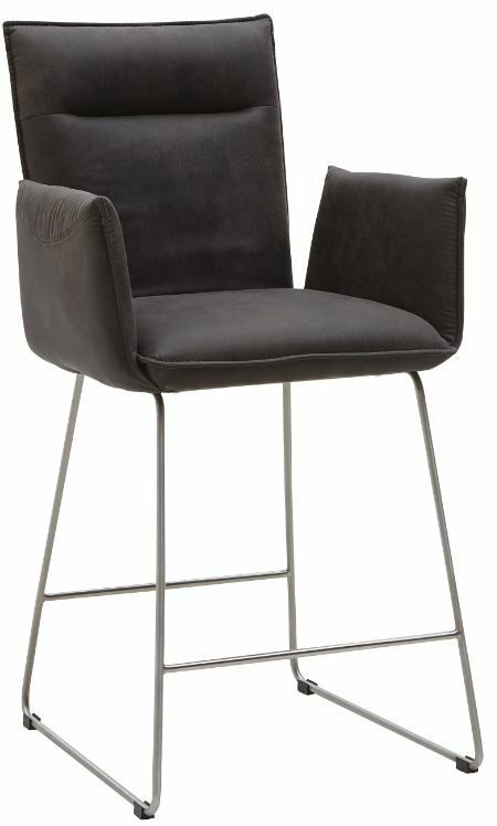 Moderner Tresensessel in dunklem Stoffbezug mit Armlehnen und Metallgestell, seitliche Perspektive