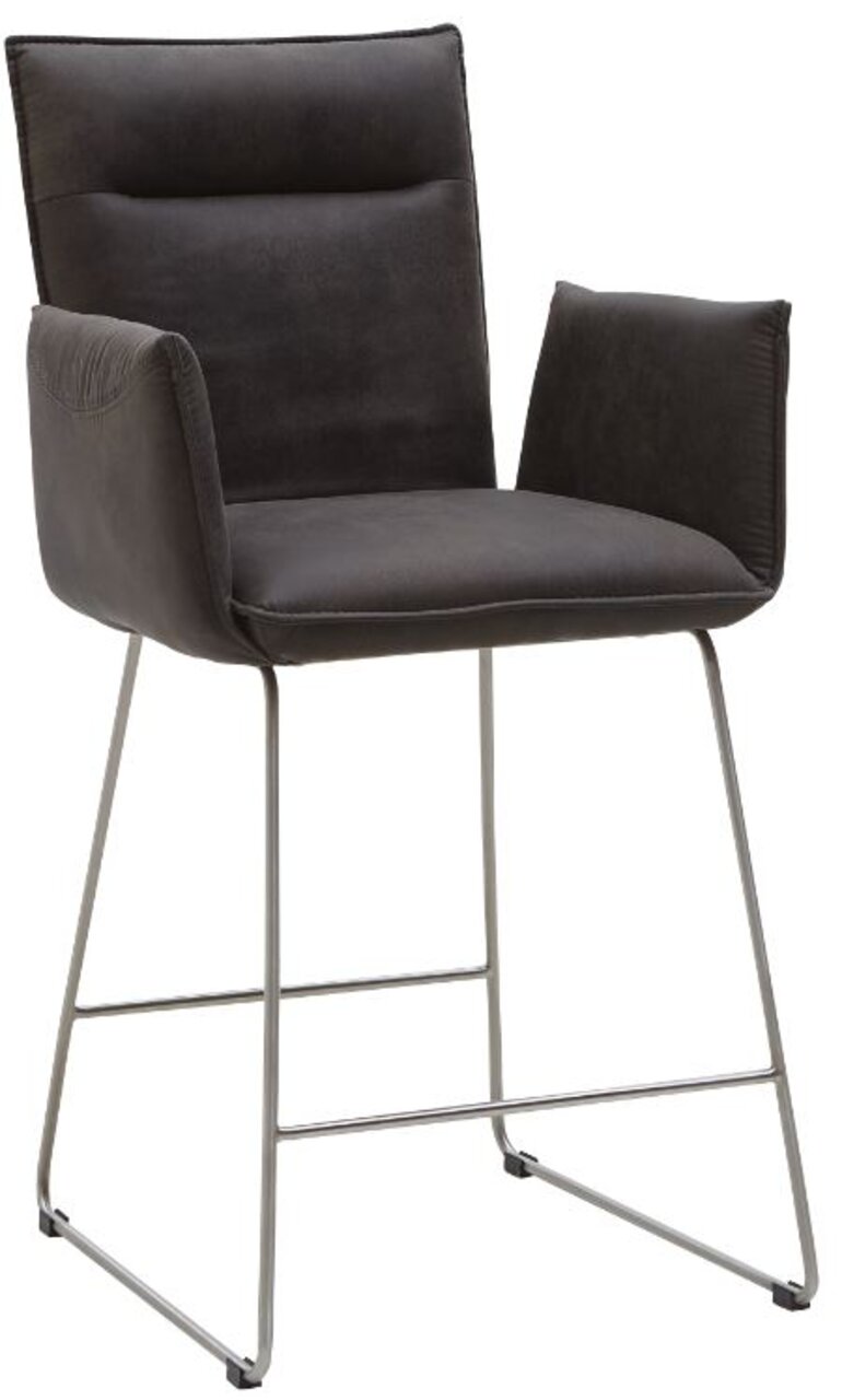 Moderner Tresensessel in dunklem Stoffbezug mit Armlehnen und Metallgestell, seitliche Perspektive