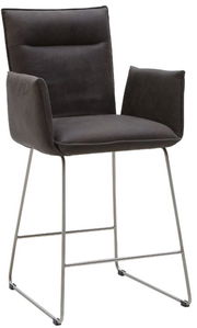 Moderner Tresensessel in dunklem Stoffbezug mit Armlehnen und Metallgestell, seitliche Perspektive