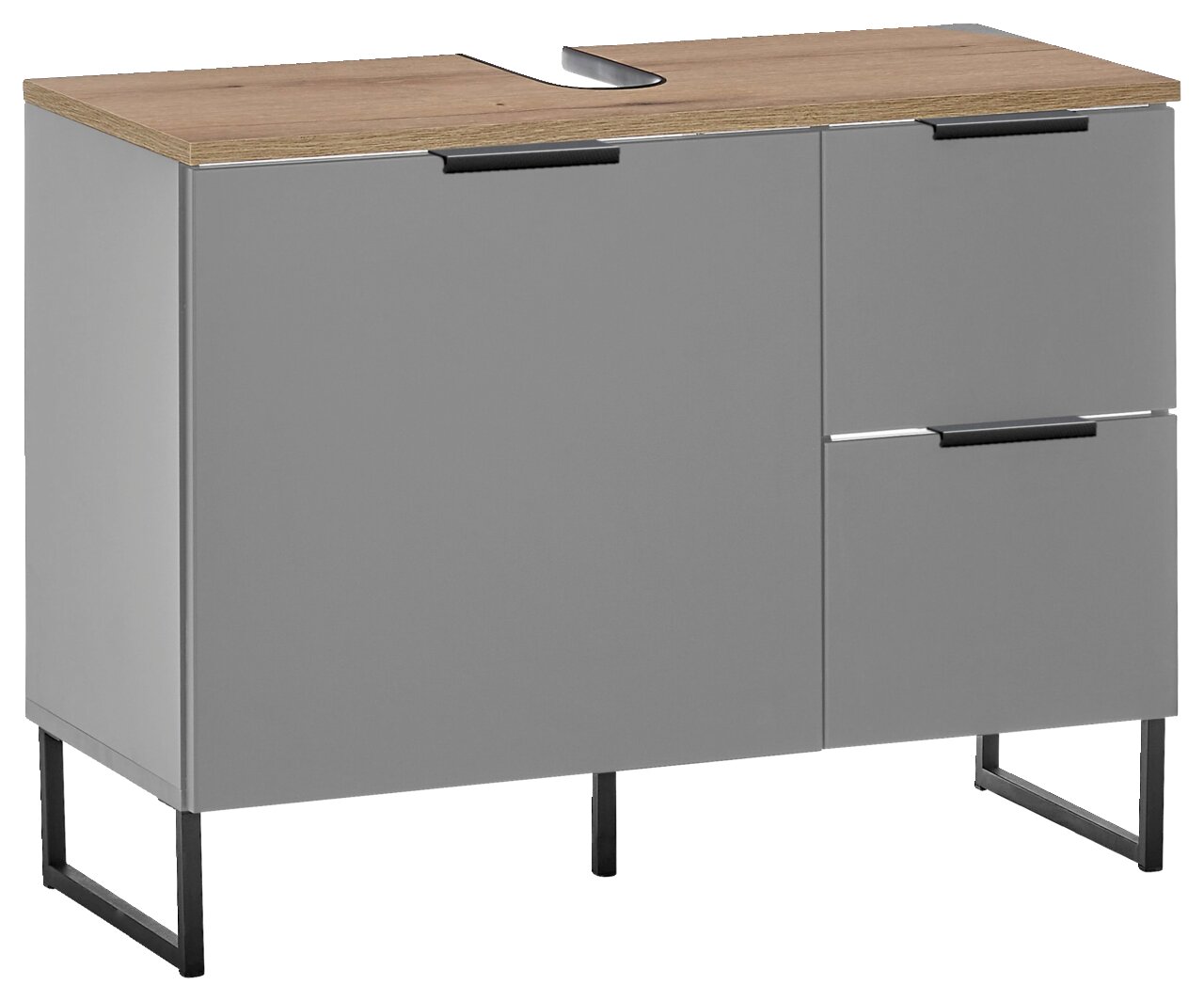 Moderner Waschbeckenunterschrank in grauer Farbe mit Holzoberfläche, frontal betrachtet.