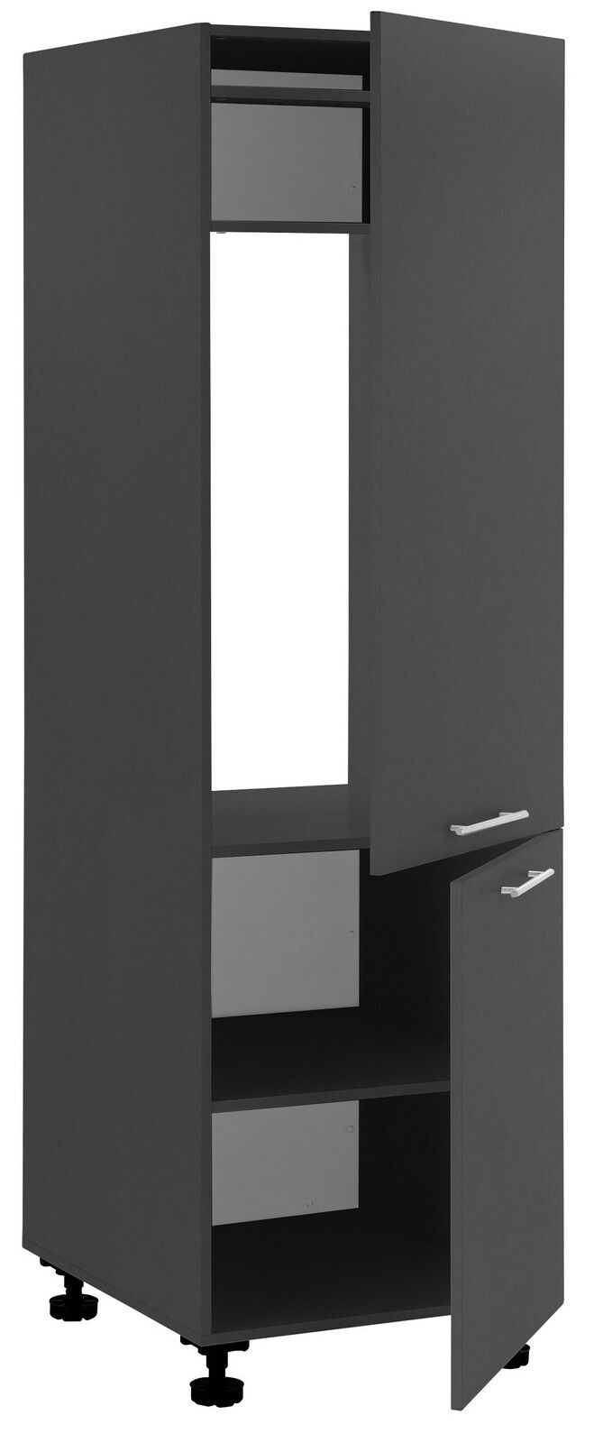 Kühlschrankumbauschrank in dunkler Farbe mit zwei Türen, teilweise geöffnet, auf verstellbaren Füßen. Frontale Perspektive.