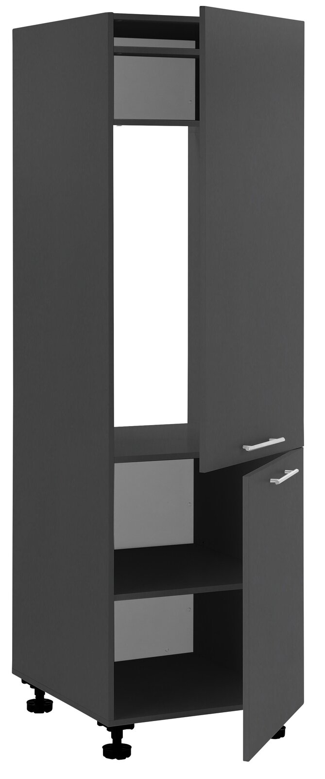 XORA Kühlschrankumbauschrank PRIMUS Kühlschrankumbauschrank in dunkler Farbe mit zwei Türen, teilweise geöffnet, auf verstellbaren Füßen. Frontale Perspektive.