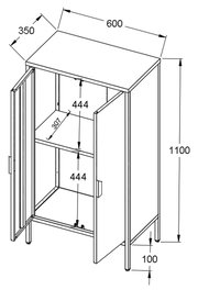 Technische Strichzeichnung eines schmalen Schranks mit geöffneter Tür, Draufsicht/3D-Perspektive von schräg vorn links, Maße ca. 600×350×1100 mm, zwei Innenfächer (je 444 mm) und Sockelhöhe 100 mm.