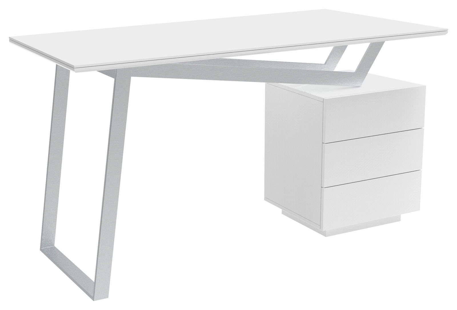Novel Schreibtisch ERIC Moderner weißer Schreibtisch mit drei Schubladen und einem einzigartigen Metallgestell, seitliche Perspektive