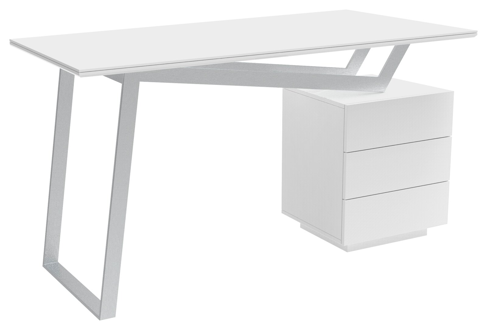 Novel Schreibtisch ERIC Moderner weißer Schreibtisch mit drei Schubladen und einem einzigartigen Metallgestell, seitliche Perspektive