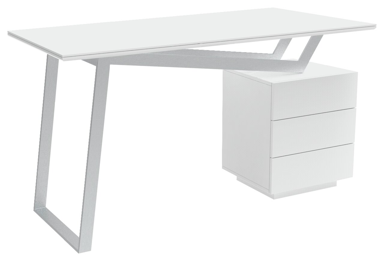 Novel Schreibtisch ERIC Moderner weißer Schreibtisch mit drei Schubladen und einem einzigartigen Metallgestell, seitliche Perspektive