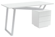 Moderner weißer Schreibtisch mit drei Schubladen und einem einzigartigen Metallgestell, seitliche Perspektive