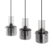 Drie moderne hanglampen van glas in rookkleur, gezien vanaf de voorkant.