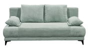 Frontale Ansicht eines modernen, gerippten Funktionssofas in hellem Grün mit zwei großen Rückenkissen und Armlehnen.