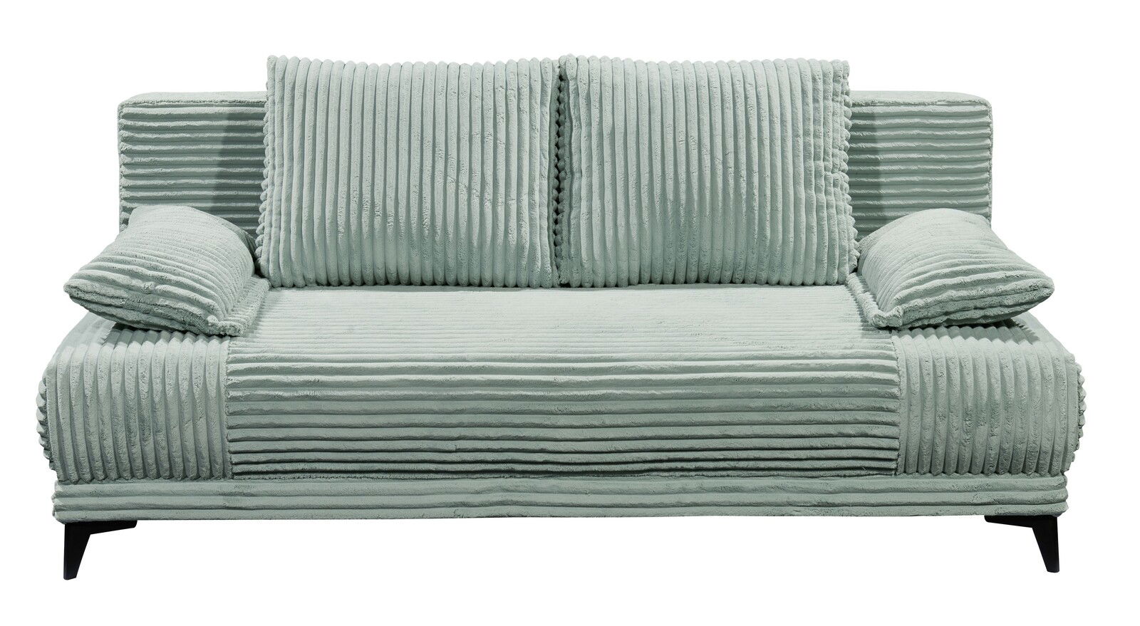 Frontale Ansicht eines modernen, gerippten Funktionssofas in hellem Grün mit zwei großen Rückenkissen und Armlehnen.