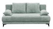 Frontale Ansicht eines modernen, gerippten Funktionssofas in hellem Grün mit zwei großen Rückenkissen und Armlehnen.