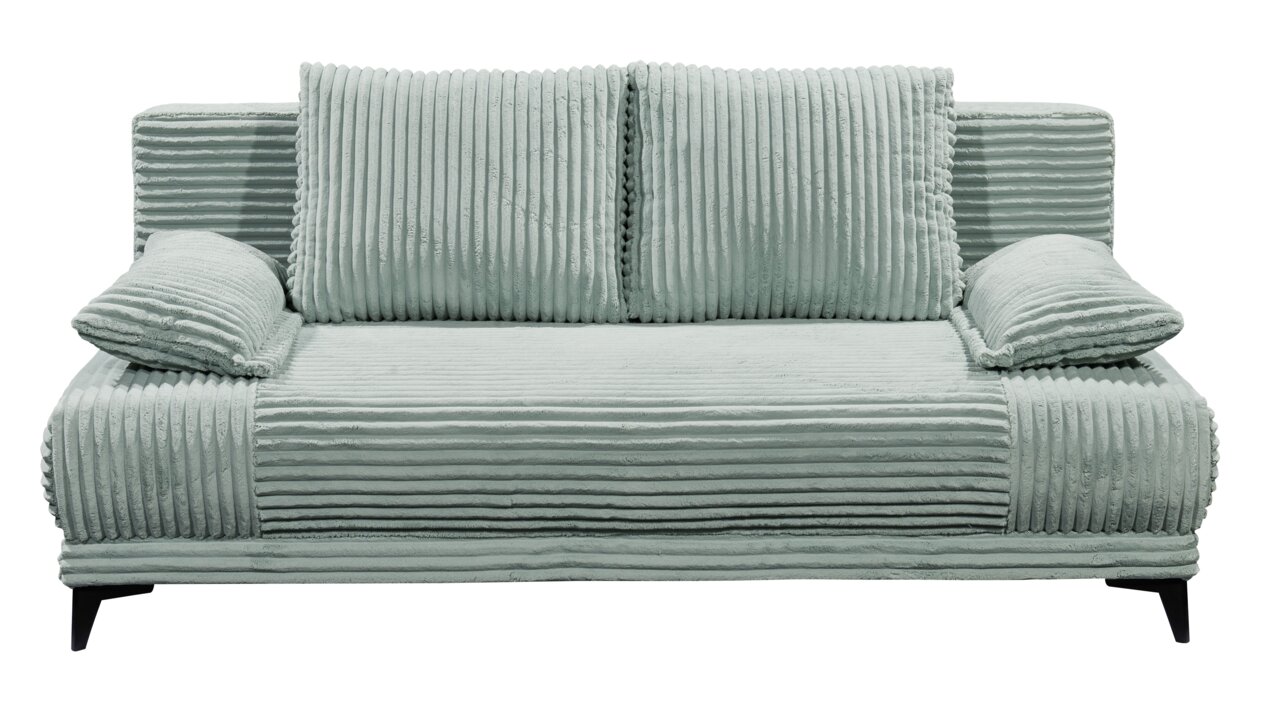 Frontale Ansicht eines modernen, gerippten Funktionssofas in hellem Grün mit zwei großen Rückenkissen und Armlehnen.