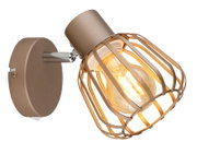 Moderne Wandlampe aus Metall in Taupe/Beige mit Käfigschirm und sichtbarem Leuchtmittel, schräg von vorn in Nahaufnahme auf weißem Hintergrund