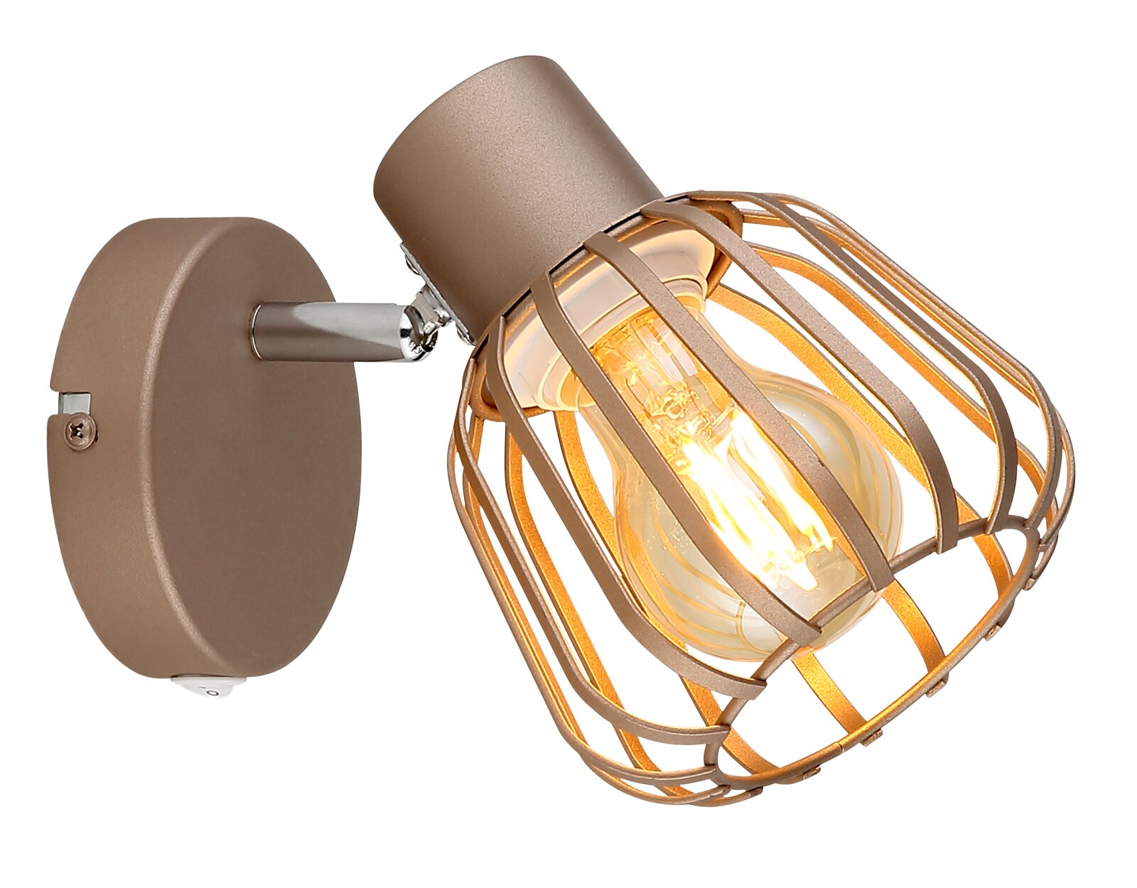 Moderne Wandlampe aus Metall in Taupe/Beige mit Käfigschirm und sichtbarem Leuchtmittel, schräg von vorn in Nahaufnahme auf weißem Hintergrund