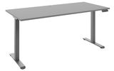 Moderner E-Schreibtisch 160 in grauer Farbe, seitliche Perspektive, mit höhenverstellbarem Gestell und Kabeldurchführung.