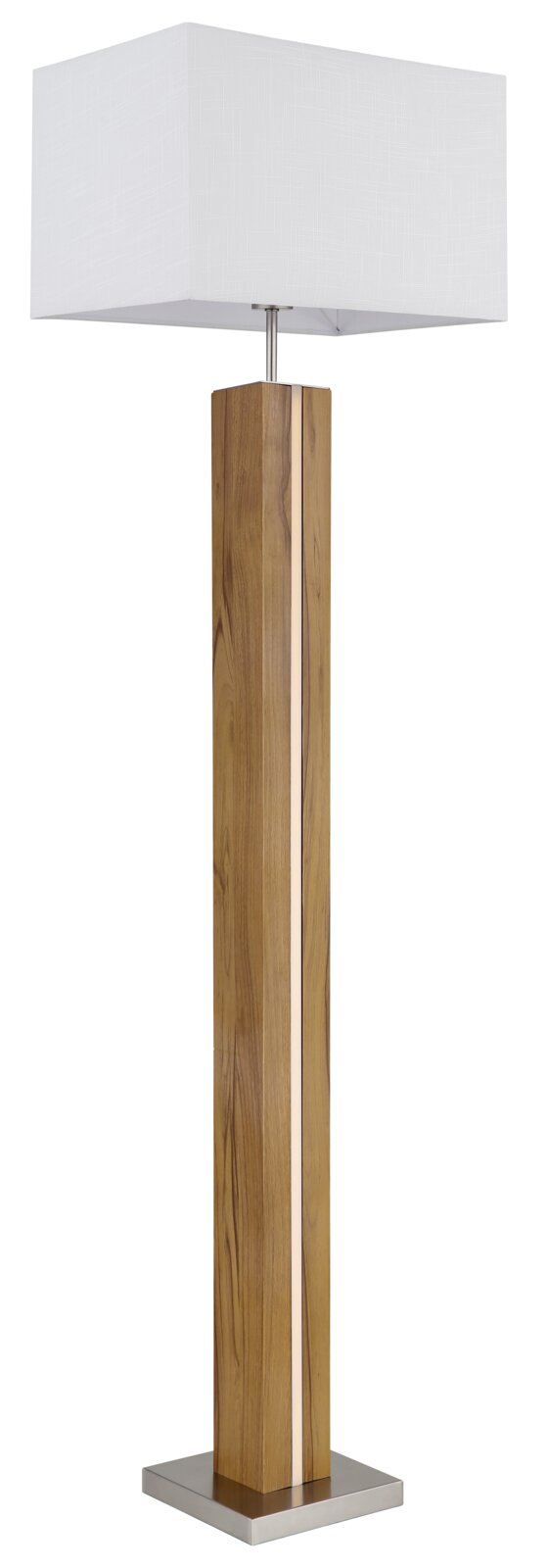 Moderne Stehleuchte mit weißem, eckigem Stoffschirm, hohem Holzfuß mit Metallakzenten und quadratischer Metallbasis, frontal in leichter Untersicht freigestellt