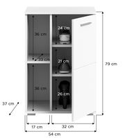 Weiße Garderobenkombination mit offenen Fächern und einer Tür, frontal abgebildet. Maße: 79 cm hoch, 54 cm breit, 37 cm tief.